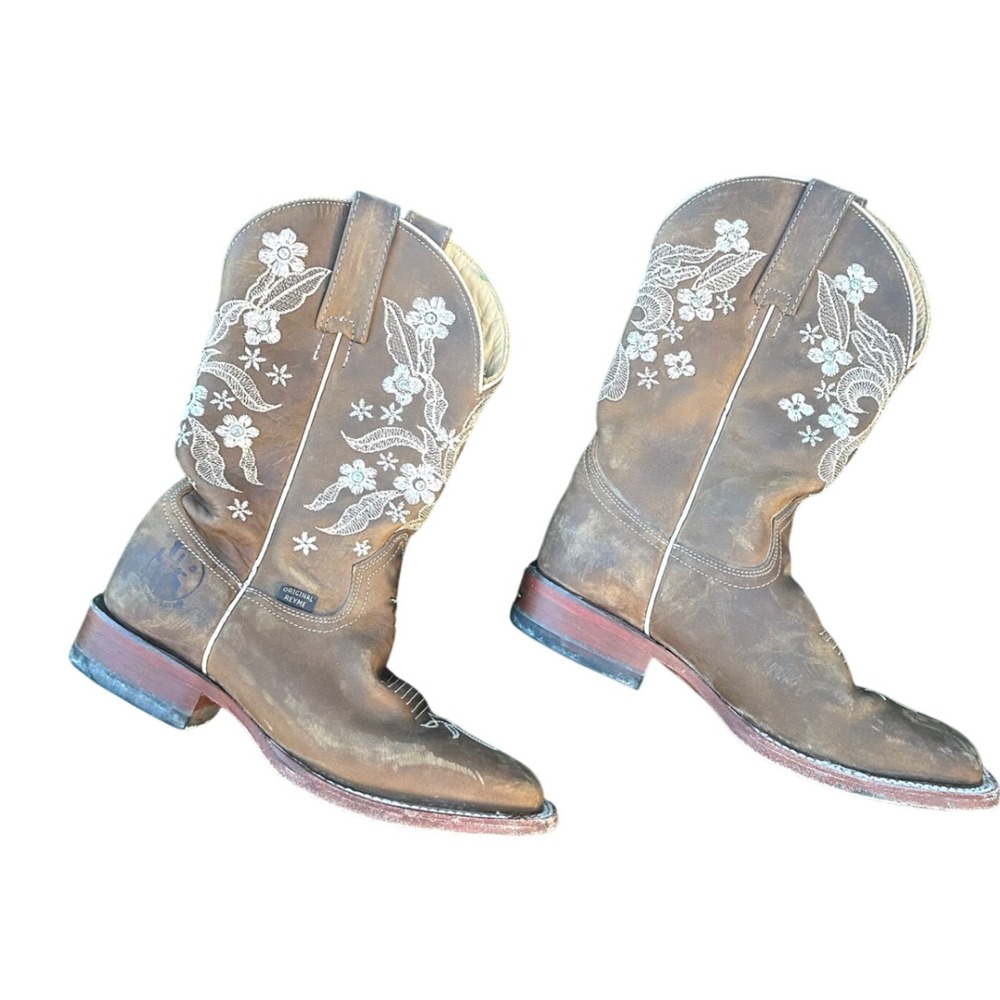 Reyme Embroidered Square‎ Toe Leather Boots Size 23 Women's US Size 6 Tan